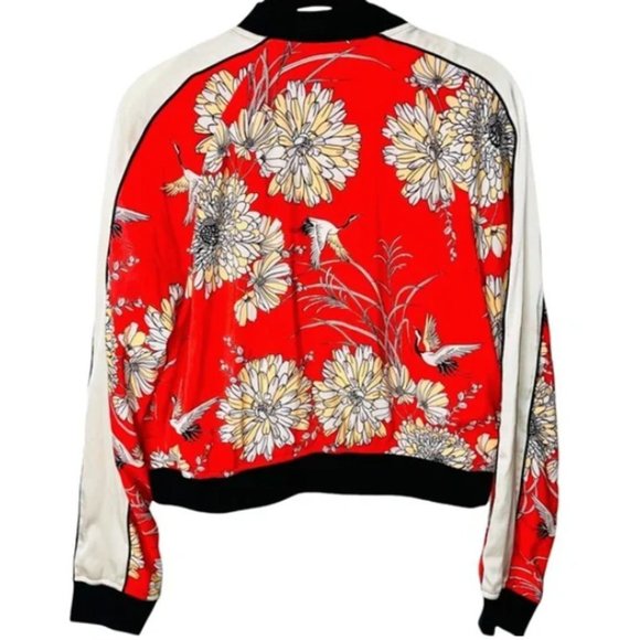 EXPRESS Reddish Orange/Multi Floral Bird Print Soft Bomber Jacket Women's Medium - Picture 4 of 11